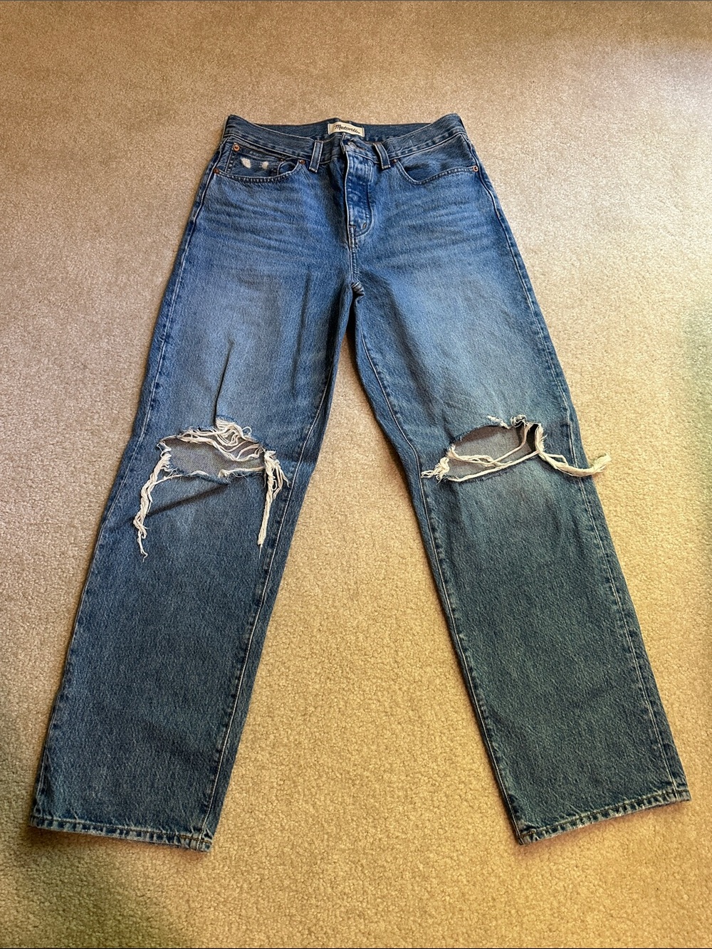 Madewell Straight Leg Jeans in Blue with Knee Rips
